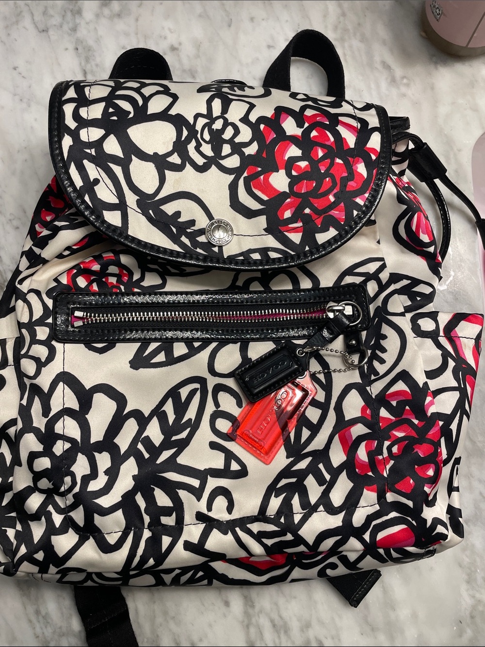Coach Floral Print Backpack in Black, White & Red